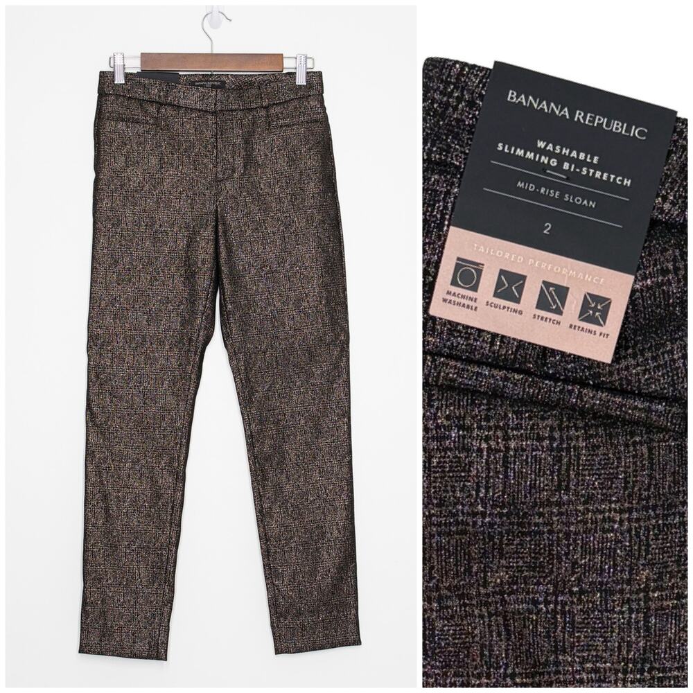 Banana Republic Sloan Metallic Plaid Ankle Pants Womens 2 NWT Black Gold Holiday